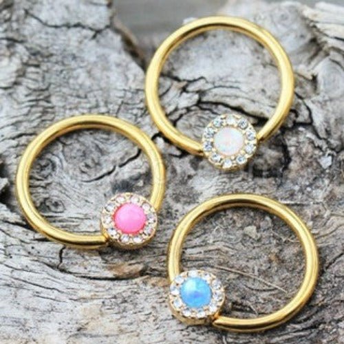Gold Plated Jeweled Synthetic Opal Captive Bead Ring Nipple Jewelry-0